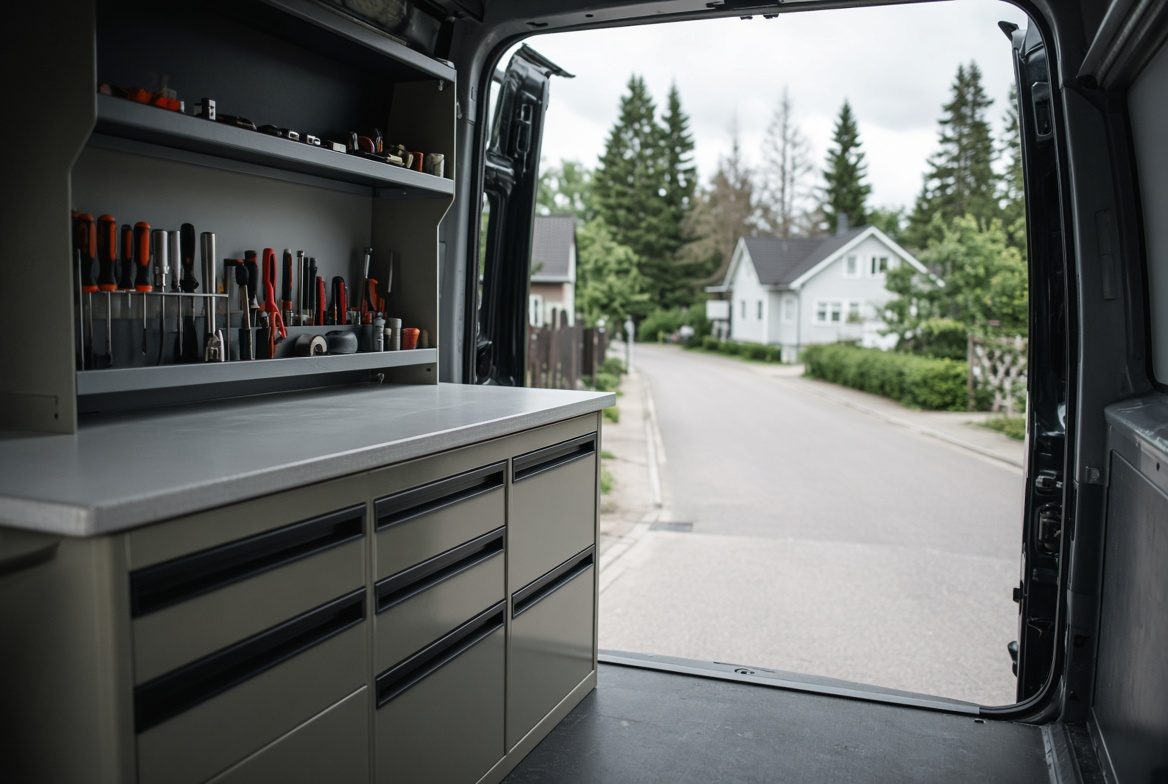 Työkalut järjestyksessä pakettiauton hyllyssä